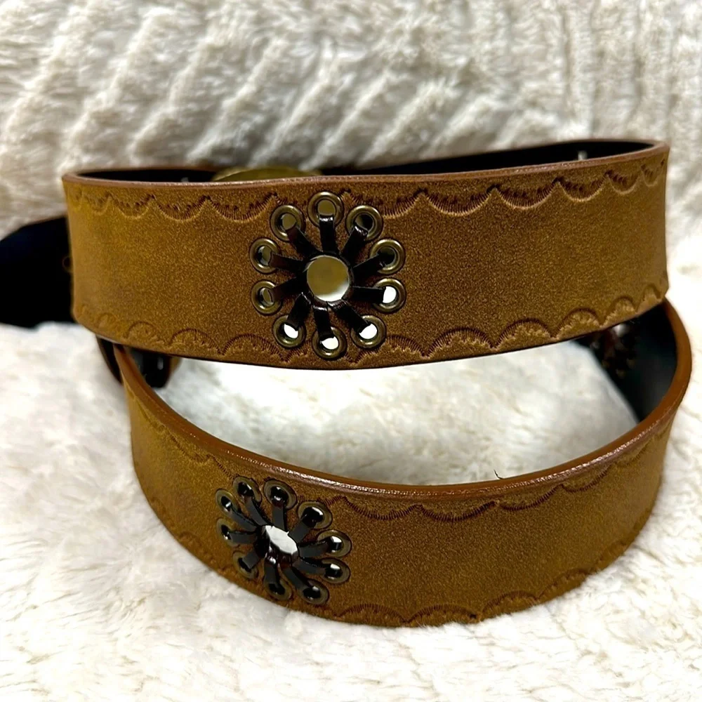 Vegan leather belt with flower cutouts and oval brass buckle w/ tiny stones XL